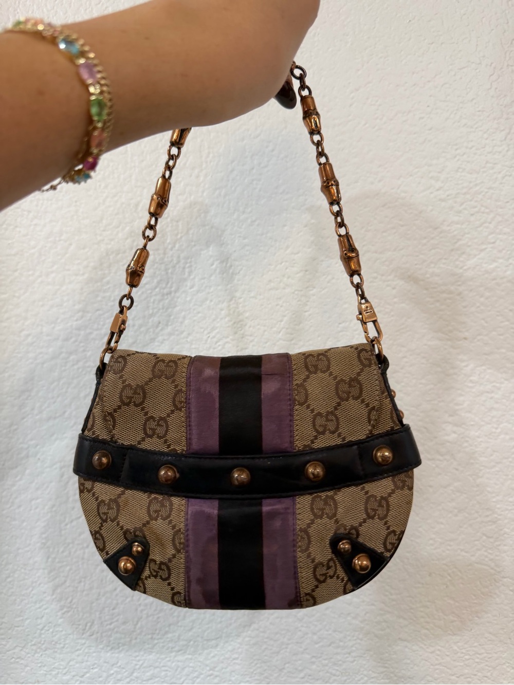 Gucci Tom Ford Era Brown GG Canvas Shoulder Bag with Black and Plum Straps - Picture 2 of 4